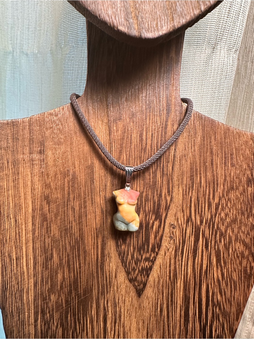 Multicolor Mini Agate Body Carving Pendant Necklace on Brown Rope - Picture 5 of 16